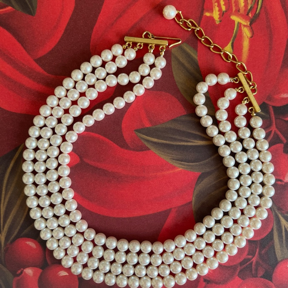 Vintage Choker Faux Pearl 4 strand Necklace, Creamy White, gold tone closure
